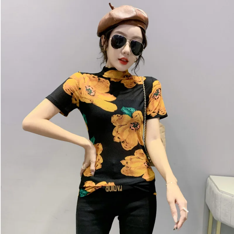 #5777 Floral Printed Mesh T Shirt Women Casual Vintage Sexy Long Sleeve Tight Thin Women's T-shirt Turtleneck Top Female Black