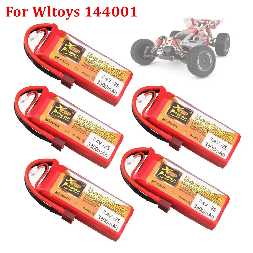 

NEW2023 Battery For Wltoys 144001 Car 2s 7.4 V 3300mAh Lipo Battery T Plug for Wltoys 1/14 144001 RC Car Boat Lipo Battery 1-5PC