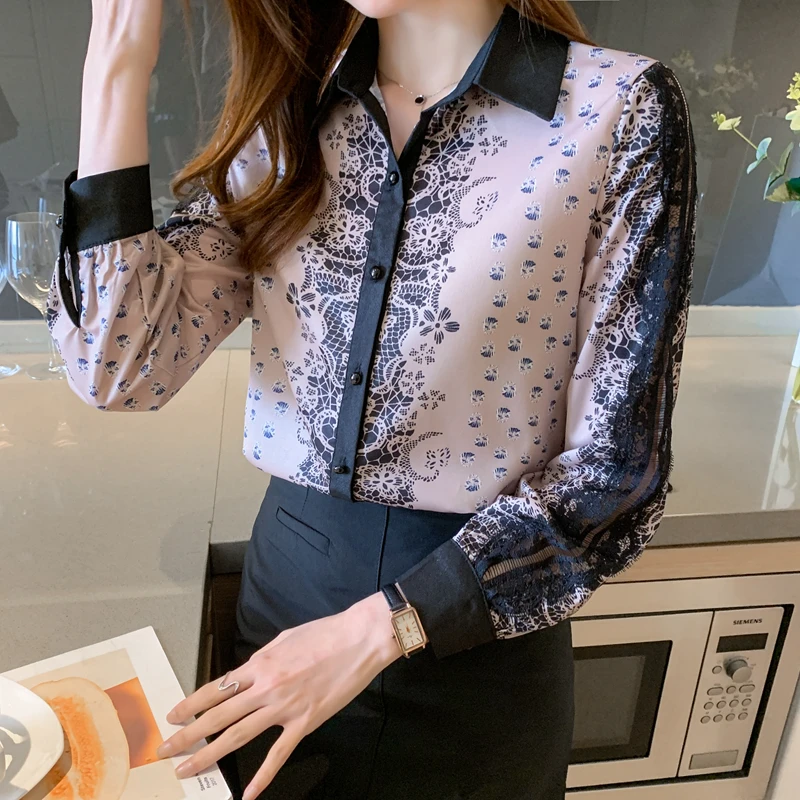 

Шифоновая женская блузка с принтом, свободная кружевная рубашка для девочек, весенний Повседневный Топ, модная женская одежда с длинным рук...