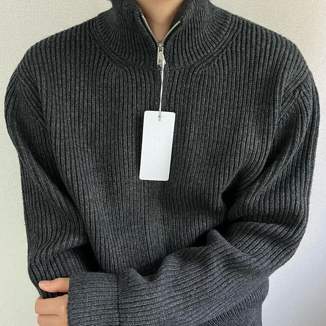 

New Arrival MG Style High Neck Zipper Warm Wool Cardigan Men's and Women's MM6 Gray Sweater Jacket