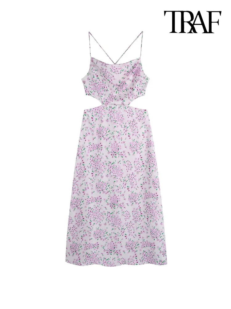 

TRAF Women Fashion Hollow Out Floral Print Midi Dress Vintage Backless Zipper Tied Thin Straps Female Dresses Vestidos Mujer