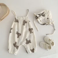 2022 summer new baby cute bear print sleeveless romper hat cotton infant boy cartoon jumpsuit breathable toddler girl overalls