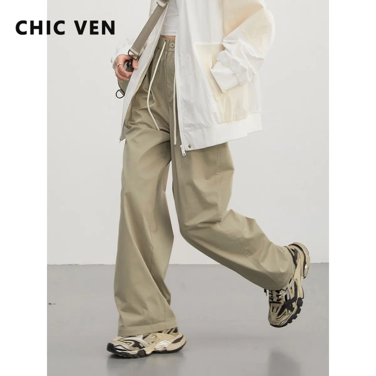 CHIC VEN Women's Pants Streetwear Sports Drawstring Straight High Waisted Wide Leg Casual Trousers for Girl Spring Summer 2023