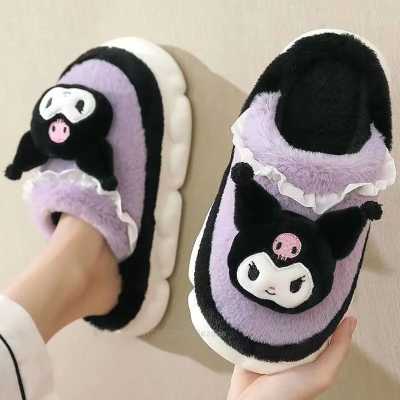 New Sanrio Kuromi Fashion Plush Slipper Women Warm Home Winter Thicked Shoes Girl Hello Kitty Cotton Indoor Full Coverage Shoes