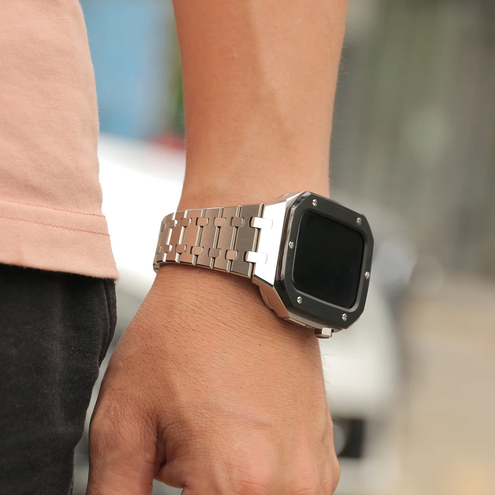 Luxury Modification Kit Metal Case+Stainless Steel strap for Apple Watch band 45mm 44mm 42 Rubber band For iWatch 8 7 6 5 Correa