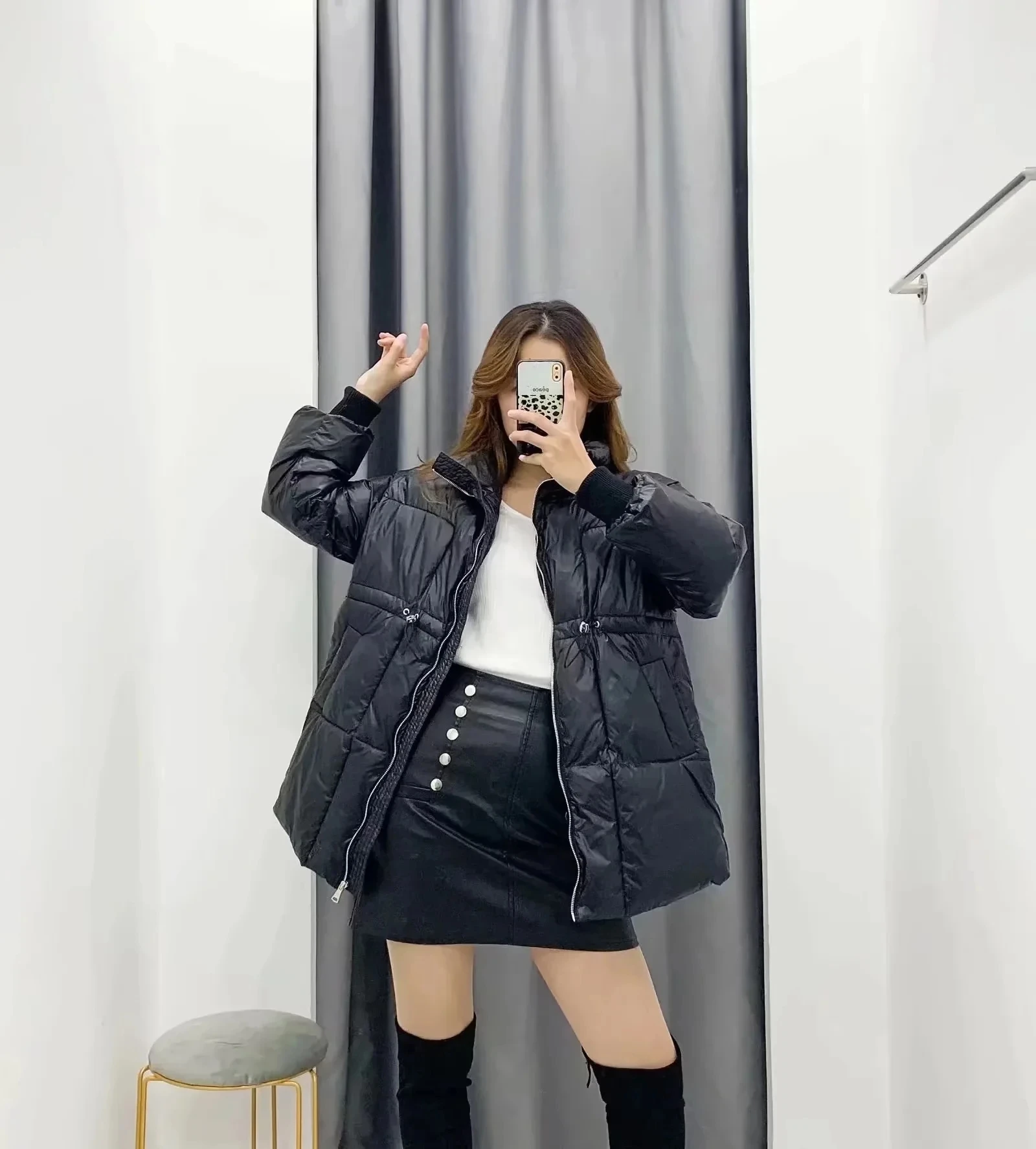 Autumn Winter Women's Three-color Three-way Fabric Mid-collar Long-sleeved Zipper Pocket Design Cotton Coat Keep Warm Windproof