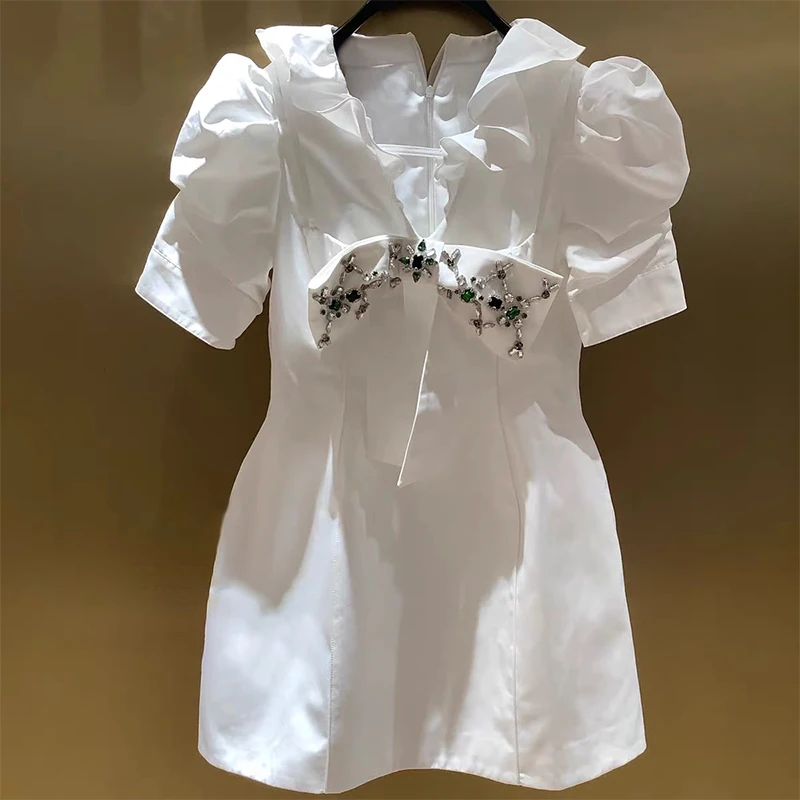 

French heavy industry beaded ruffled dress women v-neck high waist puff short-sleeved a-line party dress