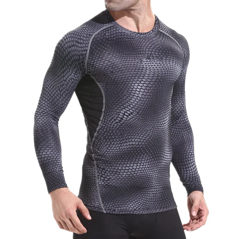 LU Snake Print Gym T-shirt Long Sleeve Crew Neck Quick Drying Shirt Fitness Men Breathable Sports Compression Shirt Training