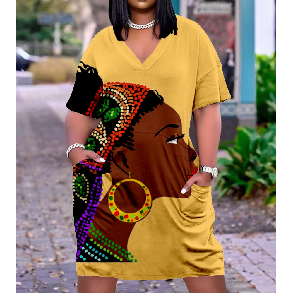

Modern Girls Dress Africa Women Fashion Summer Holiday Beach Dresses Sexy Elegant V-neck Pocket Party Evening Dress Midi 4XL 5XL
