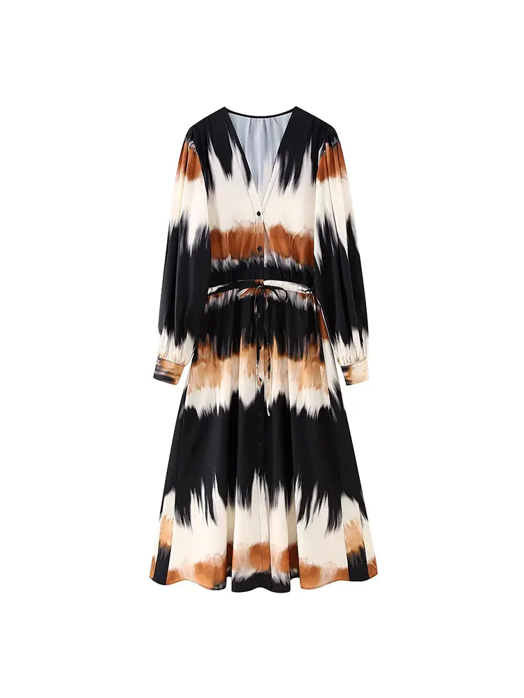 

Платье-миди женское с поясом на резинке, V-образным вырезом и принтом