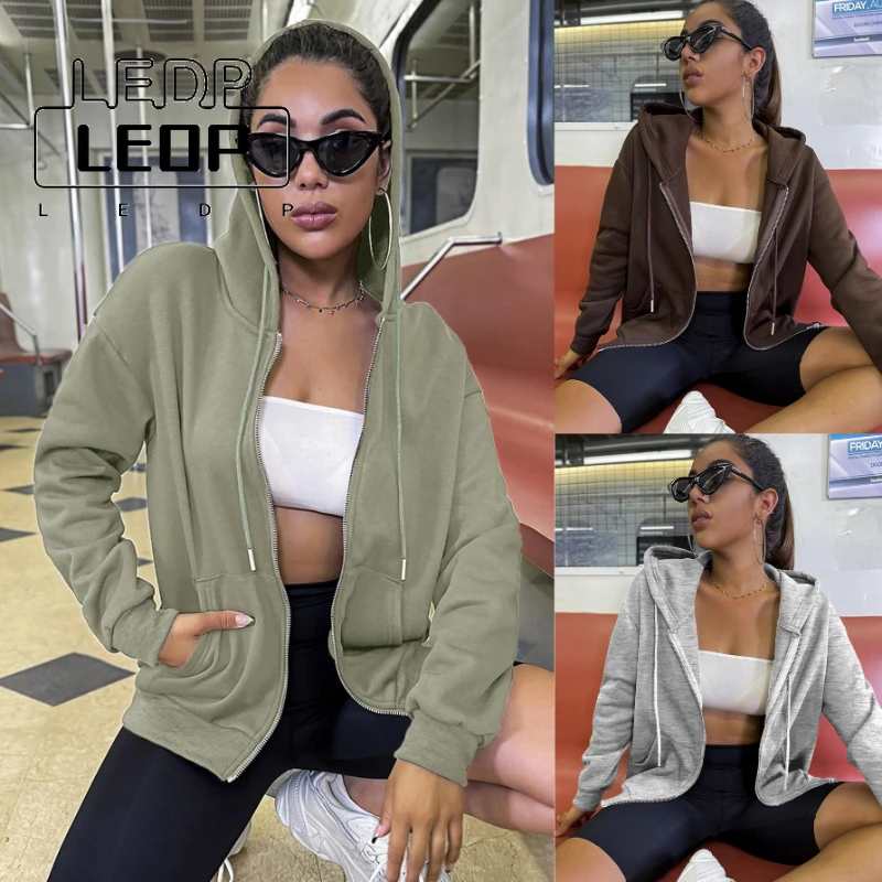 

Осенняя модная Новая Женская толстовка с капюшоном LEDP, Повседневная Свободная куртка на молнии, удобный черный свитер с длинным рукавом для...