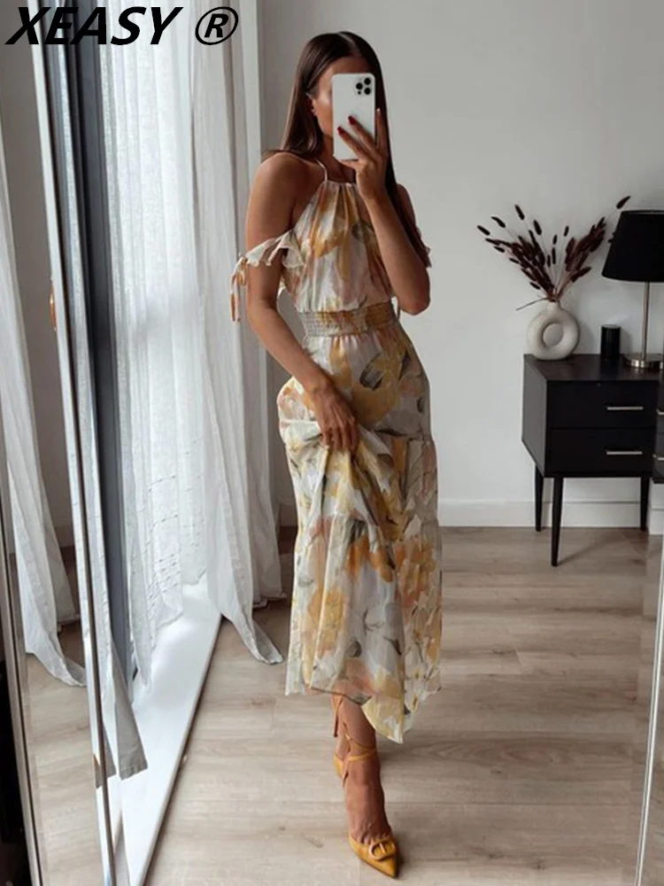 

XEASY Slip Dresses For Women 2022 Summer Sexy Backless Dress Vintage Floral Women Clothing Casual Midi Dress