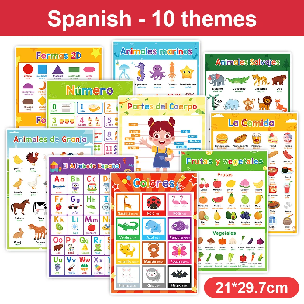 10 Categories Laminated Spanish Learning Chart for Kids School Classroom Decoration A4 Poster Educational Toys Teaching Aids