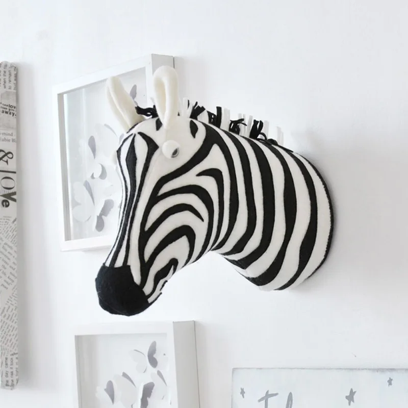 3D Animal Head Wall Mount Zebra/Elephant/Giraffe Stuffed Toys Children Kids Room Wall Hanging Decoration Birthday Christmas Gift