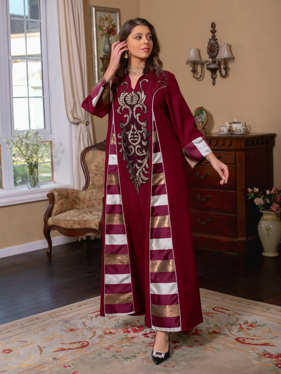 Women's New Arab Muslim Middle Eastern Retro Ethnic Beaded Piece Embroidered Patchwork Dress