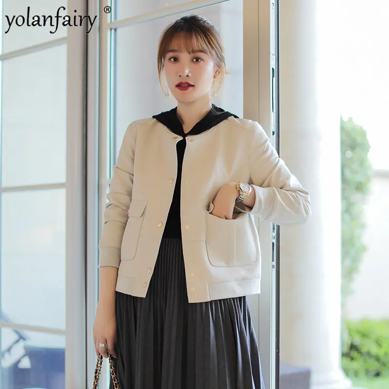 Natural Sheepskin Leather Coats for Women Jackets 2022 Autumn New Female Korean Style Loose Round Neck Baseball Jacket Sobretudo