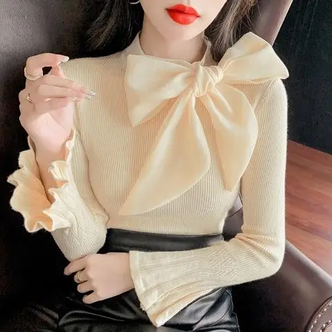 Bow knit women's autumn and winter 2022 new  bottom shirt with long-sleeved top  sweater mujer  sweater women  Bow  Polyester enlarge