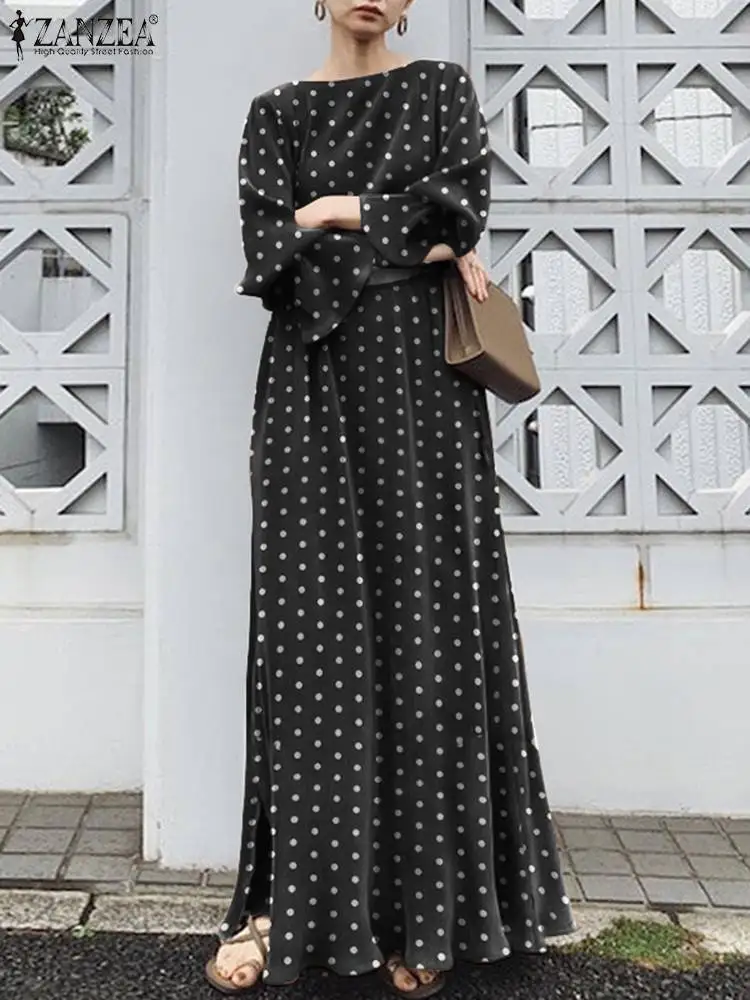 

ZANZEA Women Elegant Dots Printed Maxi Dress 2022 Autumn Long Flared Sleeve Sundress Elegant O Neck High Waist Party Robe Femme