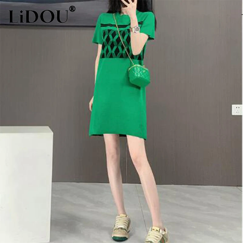 

Summer New Green Round Neck Fashion Print Straight Casual Dress Women Short Sleeve Comfortable Loose Robe Femme Women's Clothing