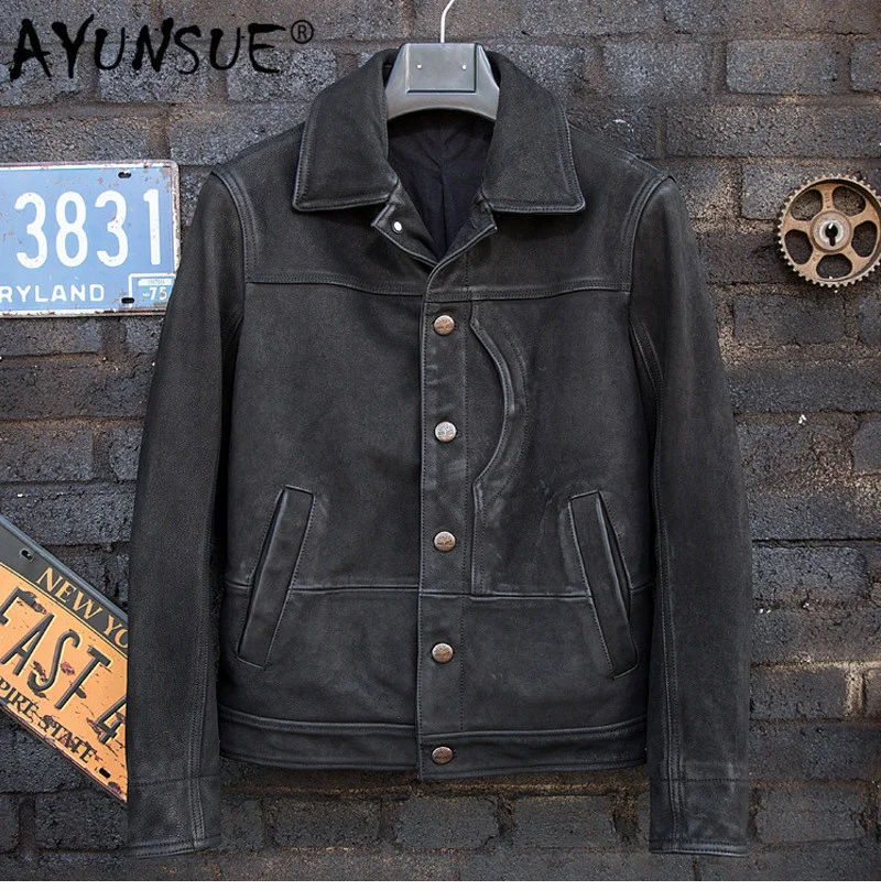 

Jacket High Homme quality Real Cowhide Blouson Men Vintage Motorcycle Genuine Man Leather Coat 1516 Cow Casual