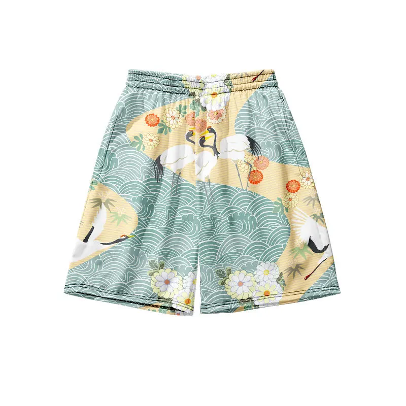 Summer Men Loungewear Shorts Print Crane Chinese Beach Pajamas Pant Large Size S-4XL Elastic Waist Loose Home Trousers