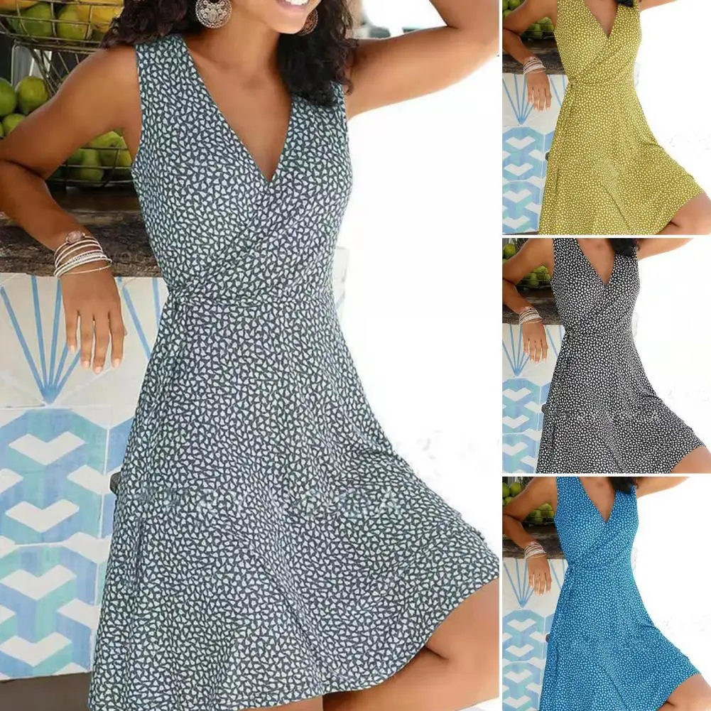 

V-neck Sleeveless Waist Tie Loose Hem Women Dress Summer Sweet Dot Print A-Line Women Accessories Waist Tie Vetidos Y2k Traf