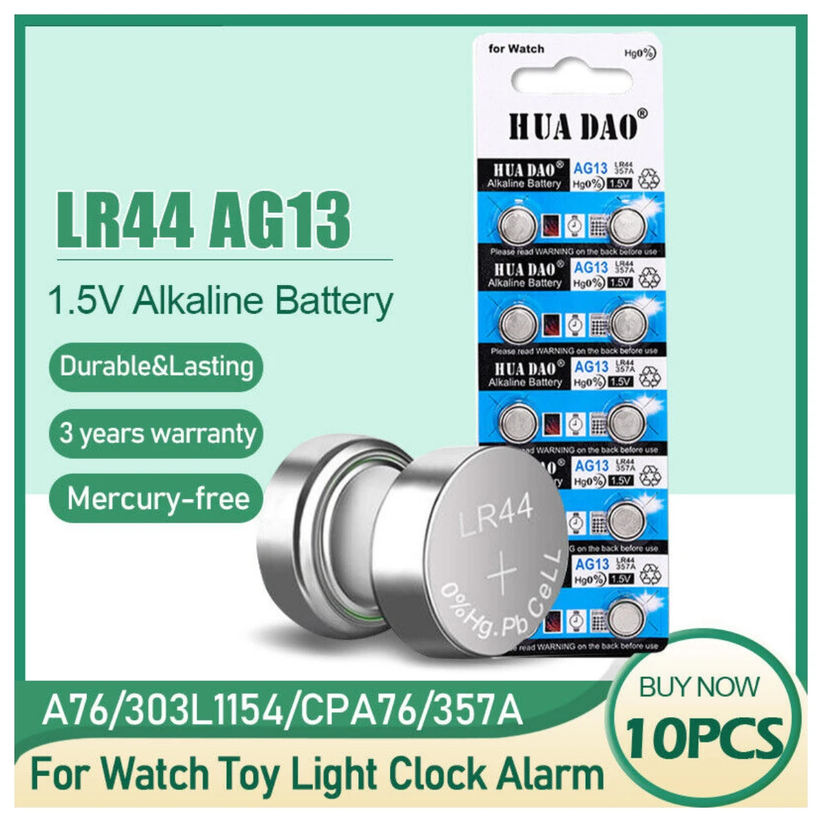 

10 PCS New LR44 AG13 L1154 1.5V Alkaline Button Cell Coin Pack Battery for toys，Watches，Glow-in-the-dark toy light