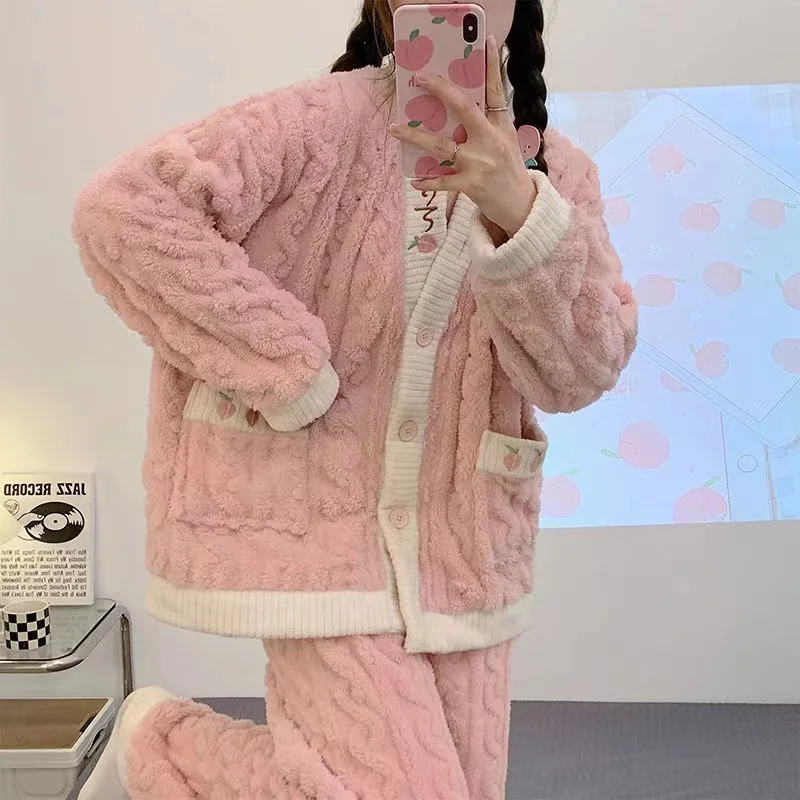 

Winter Thick Warm Pajamas Sets For Women V-Neck Sleepwear Flannel Lounge Wear Homewear Nightie Female