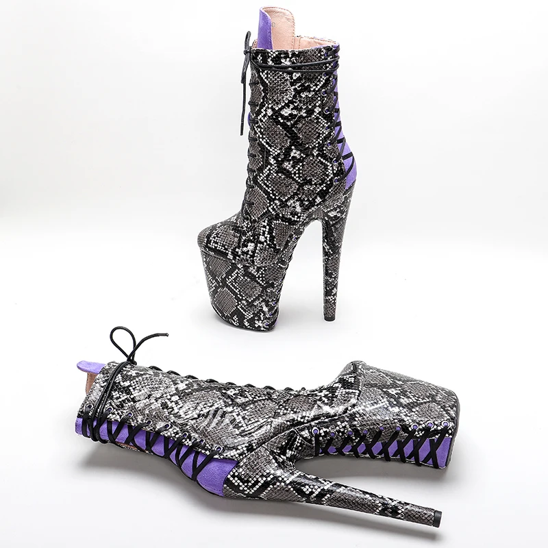 Leecabe  20CM/8inches snakeskin  upper lace up  ankle boots fashion shoes  High Heel platform Pole Dance boot