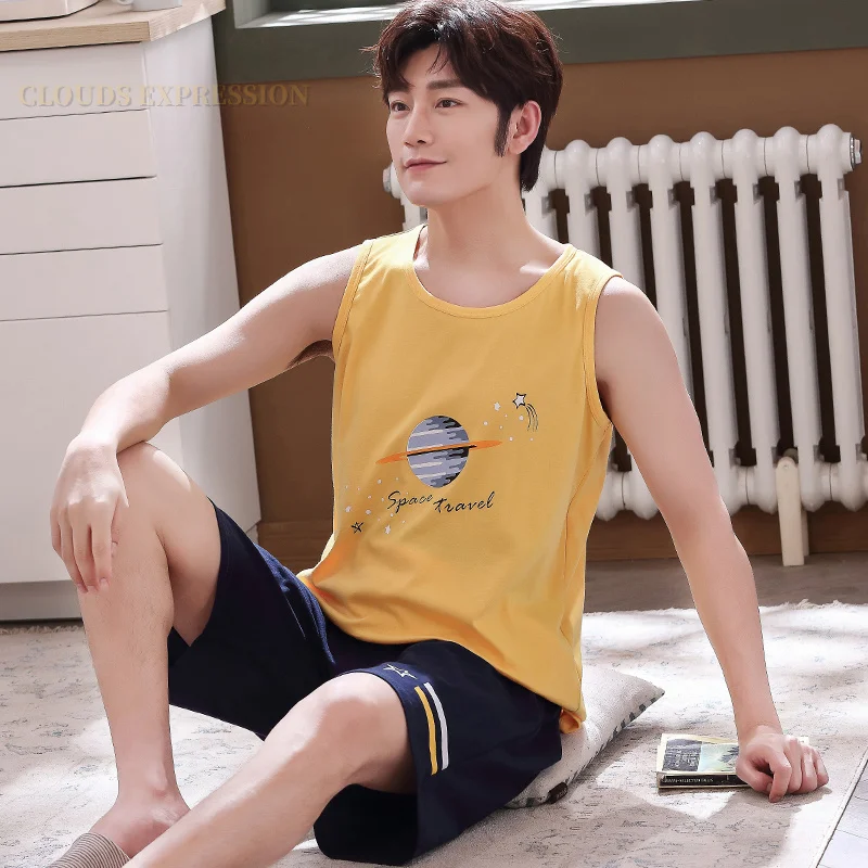 Летняя мужская пижама из 100% хлопка в полоску пижамный комплект повседневная