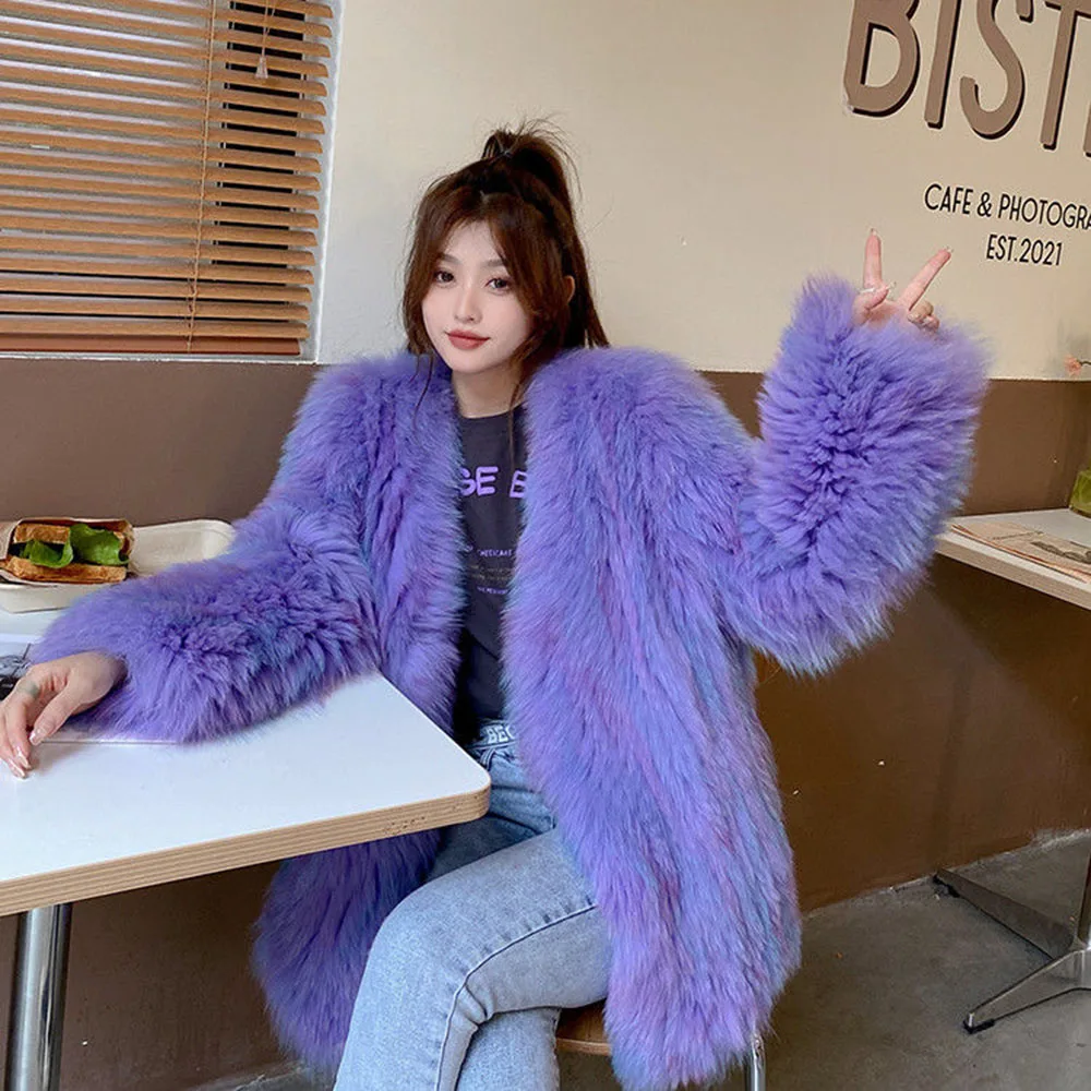 

2022 Autumn Winter New Korean Green Imitation Fox Fur Coat Woven Thick Warm Faux Fur Jacket Women's Purple Fashion Outerwear