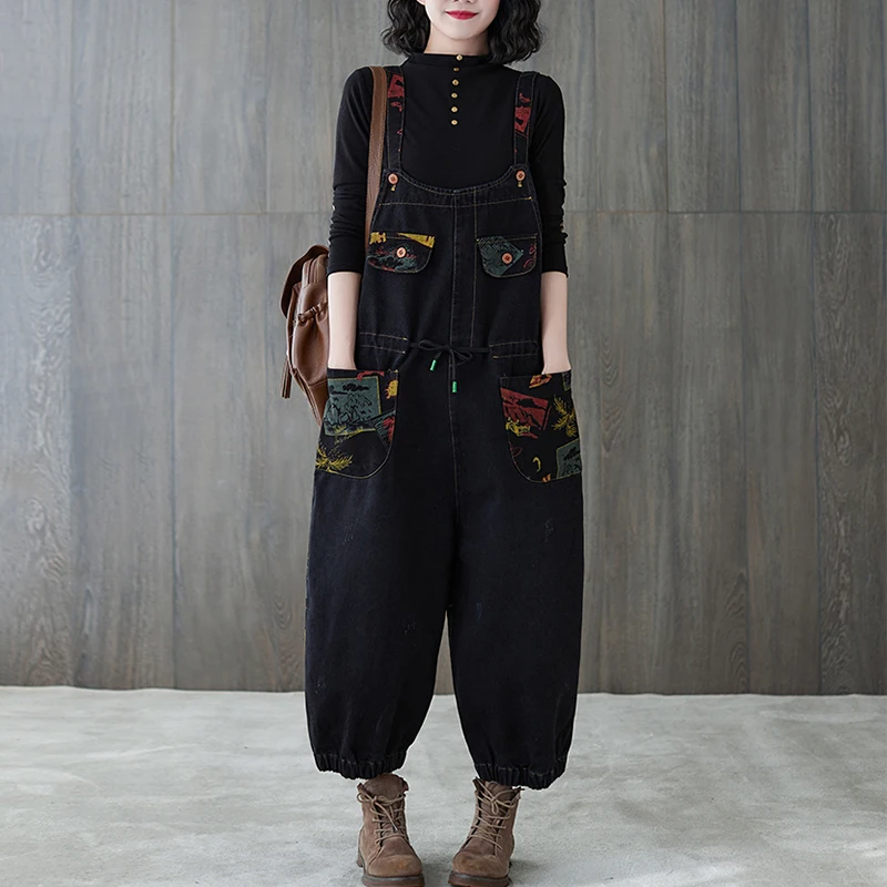 Womens Spring Autumn Harajuku Denim Jumpsuit Black Overalls Streetwear Vintage Print Female Loose Hip Hop Rompers Monos Mujer