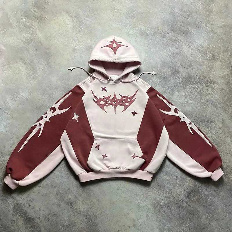 Y2k одежда хип-хоп лоскутное худи с графикой Мужской пуловер вышивкой Harajuku ретро