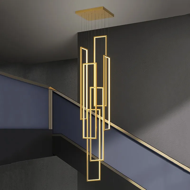 

LED Art Chandelier Pendant Lamp Light Modern Staircase Loft Rectangular Hanging Dining Living Room Lobby Villa Deco Fixtures