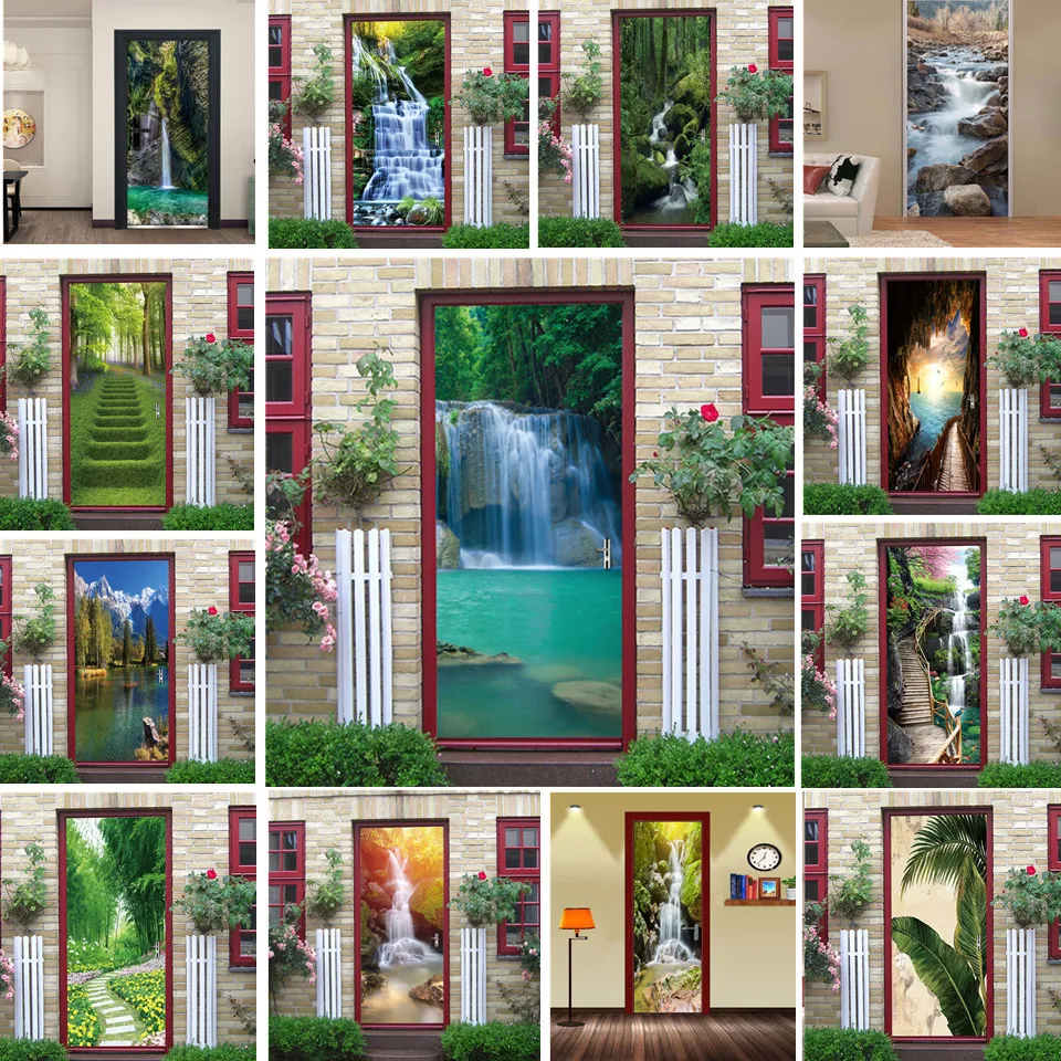 

3D Natural Scenery Door Wallpaper Self-Adhesive Jungle Forest Stickers Waterproof Removable Vinyls Doors Poster Decorative Decal