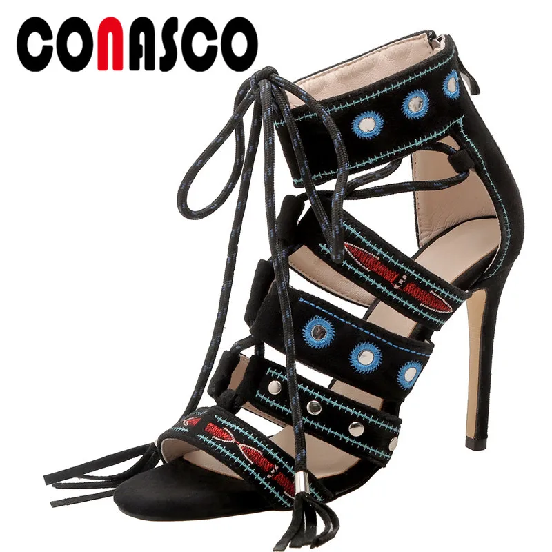 

CONASCO Women Ankle Boots Summer Boots Sandals Peep Toe Thin High Heels Sexy Fashion Embroidery Cross-Tied Pumps Shoes Woman