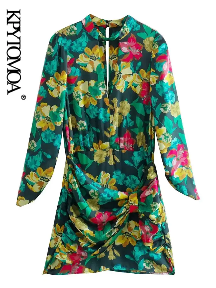 

KPYTOMOA Women Fashion With Knot Floral Print Mini Dress Vintage Long Sleeve Back Zipper Female Dresses Vestidos Mujer