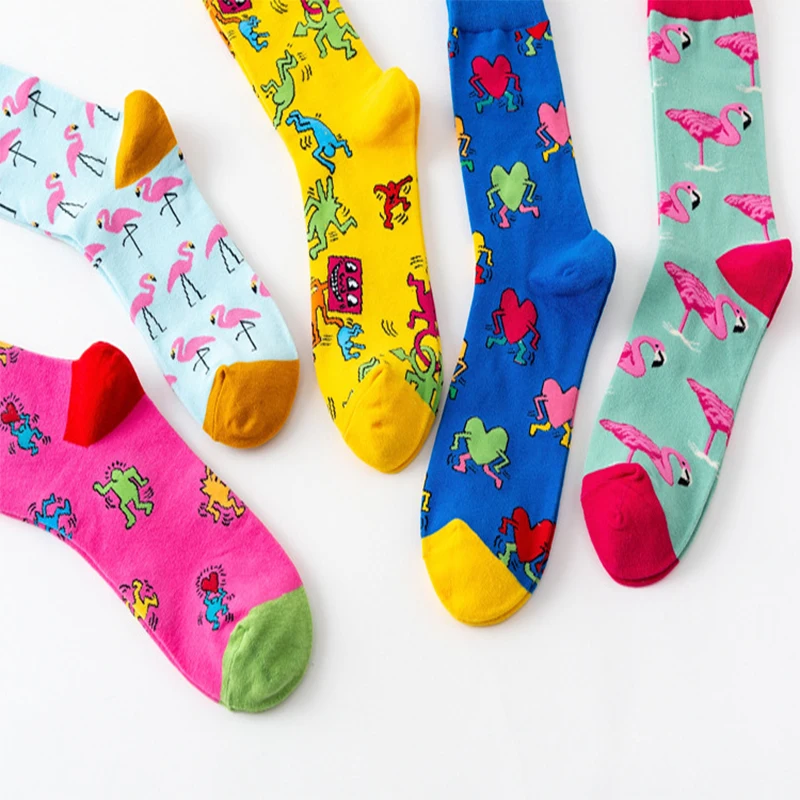 Personality creative couple graffiti fashion trendy cotton socks Flamingo men's socks
