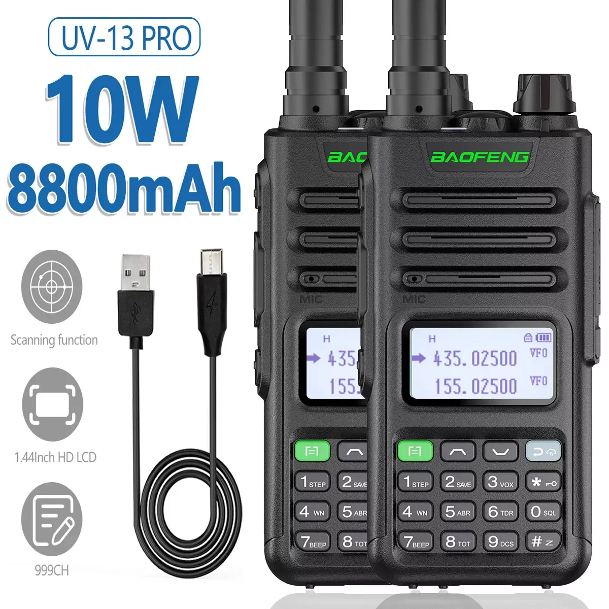 

2 шт., Двухдиапазонная рация 10 Вт, 999 каналов, UHF VHF