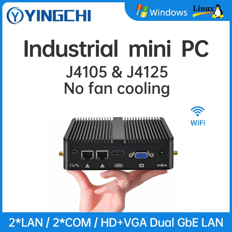 YINGCHI Fanless Micro Industrial Computer Intel Celeron J4105 J4125 Dual LAN 2 COM Win10 Linux