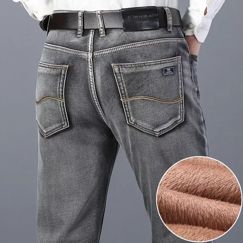 2023NEW Men's Warm Thick Gray Jeans Business Fashion Regular Fit Denim Trousers Fleece Stretch Pants Male Brand High Quality