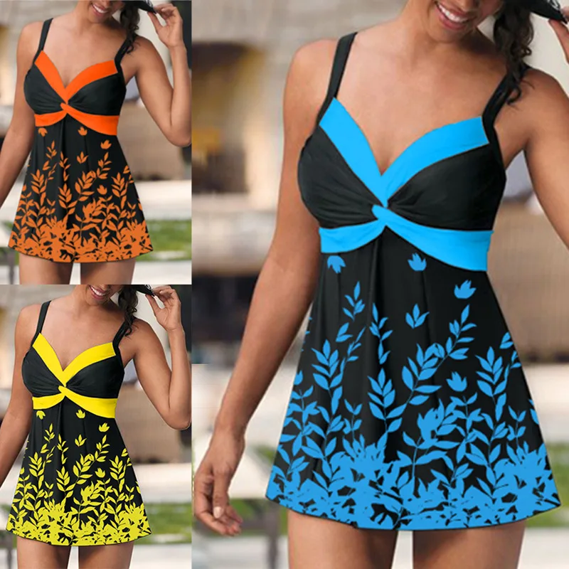 

Leaf Printed Swimsuit Women Sexy Strap Cross Push Up Plus Size Tankini Set Female Summer Beach 2 Pieces Swimwear Bathing Suit