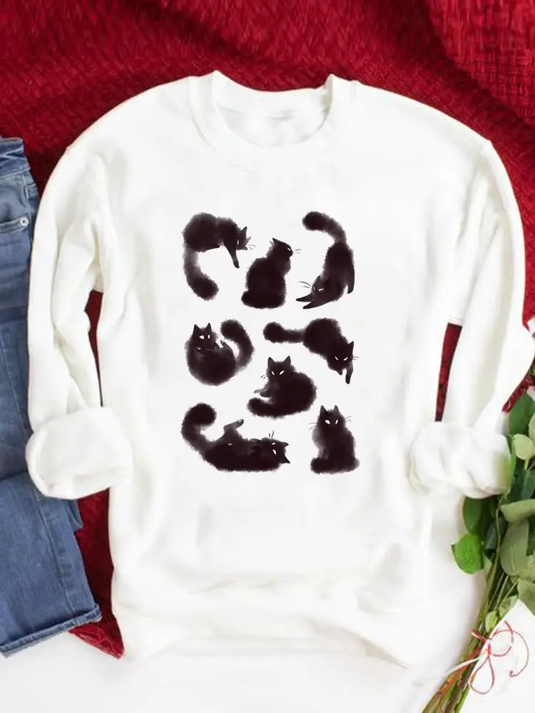 

Свитшот женский с графическим принтом, Модный пуловер в стиле 90-х с принтом кота, акварелью, модная повседневная одежда с круглым вырезом