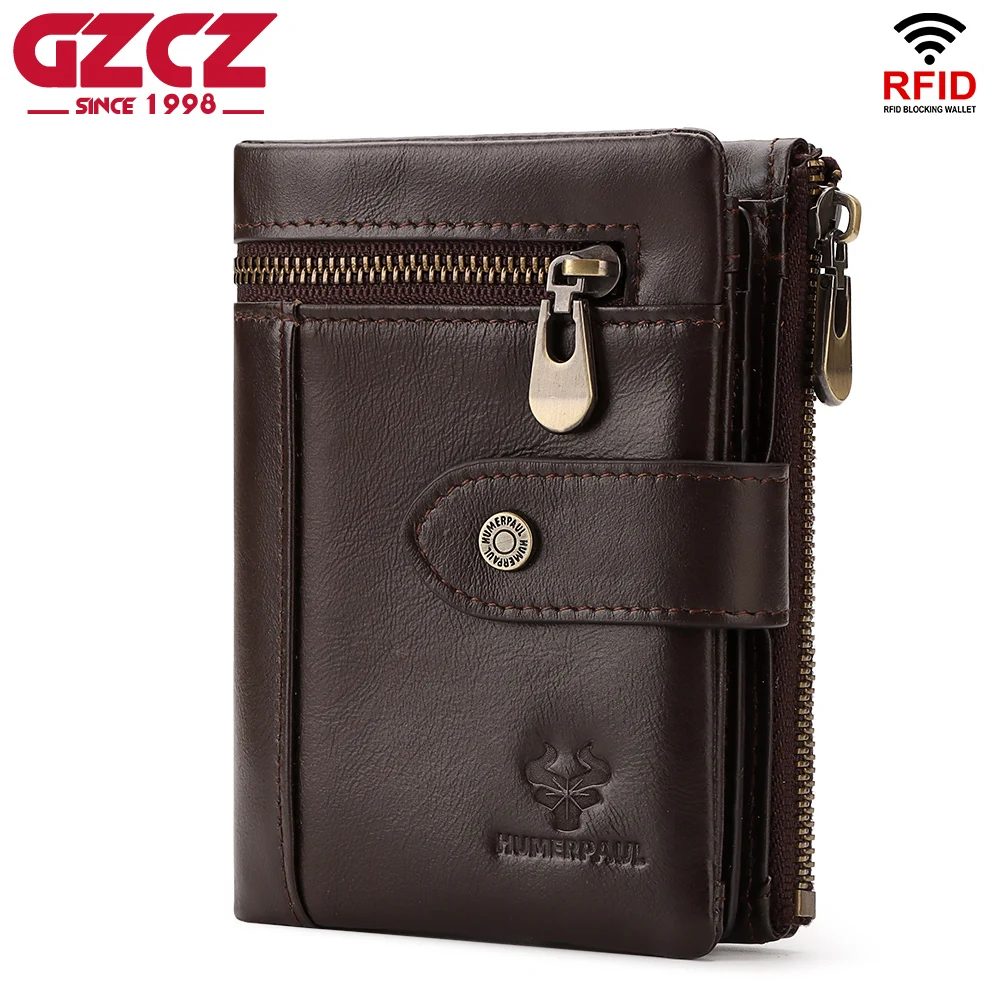 Genuine Leather Men Wallet Cowhide Business Short Purse RFID Blocking Credit ID Card Holder Detachable Cardholder with Zipper