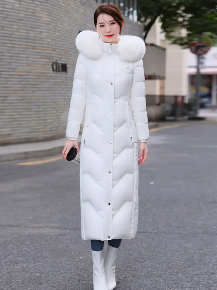 New Women Wash Free Glossy Surface Down Coat Winter Fashion Warm Real Fox Fur Collar Long Thicken Slim Down Jacket Ankle-Length