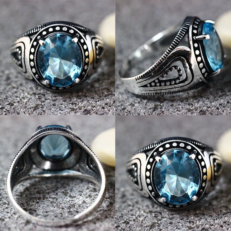 

Punkboy Retro Style Men's Ring Ancient Silver Color Engraved Pattern Light Blue Crystal Male Ring for Party Jewelry Size 6-11