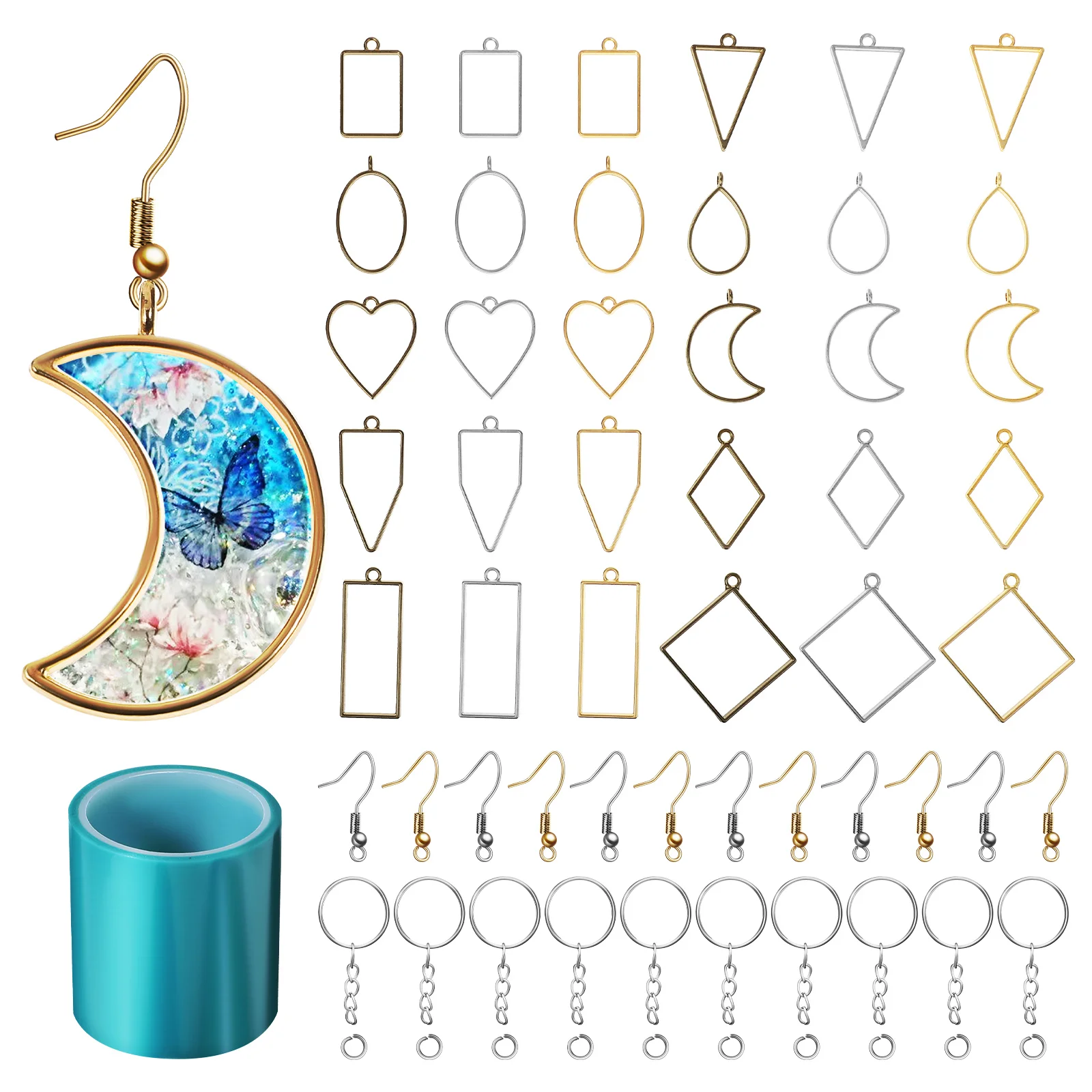 

55 шт., металлические подвески в виде рамки, геометрические полые искусственные украшения из смолы с 1 рулонной лентой для поделок своими руками