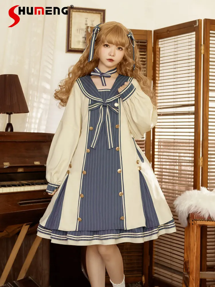 Oversized Lolita Dress for Woman 2022 Autumn and Winter Princess Beautiful Girl Bow Slimming Long Sleeve Mid-length Dresses