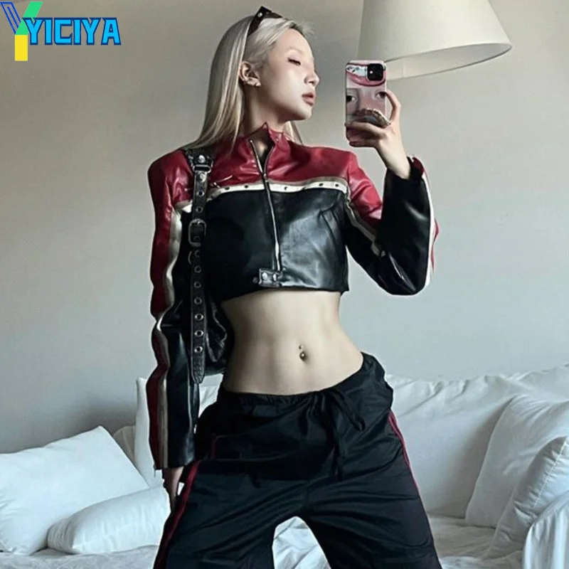 

yiciya two piece sets womens fall outifits leather jackets and cargo pants Women's tracksuit winter coats new y2k clothes suit