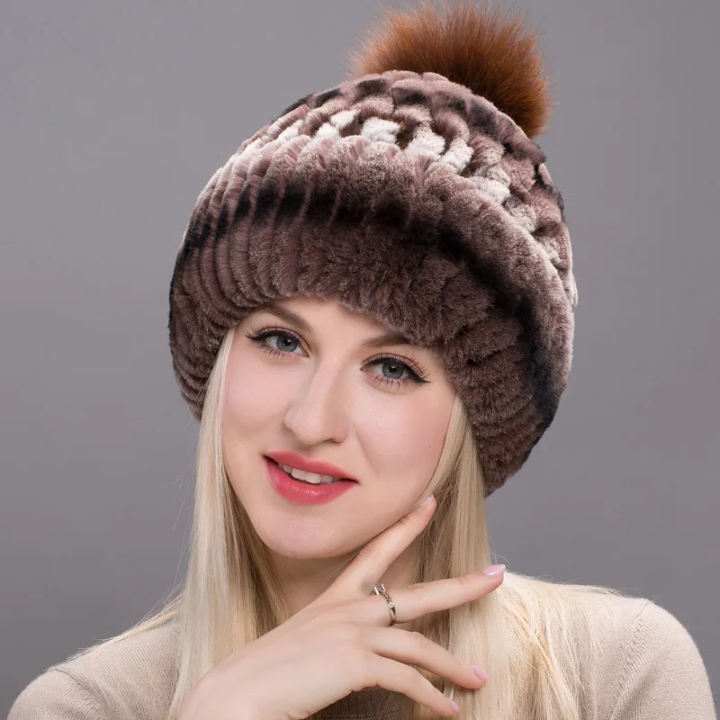 

Шапка-бини из натурального меха кролика Рекс, женская утепленная шапка с помпоном из натурального Лисьего меха, модная плетеная теплая шапк...